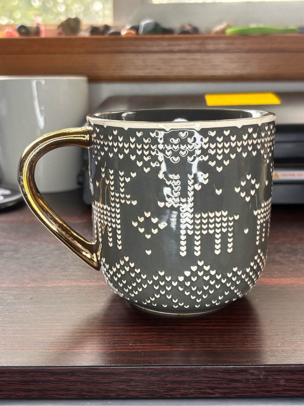 Threshold Gray Sweater Knit Reindeer Stoneware Coffee Mug Gold Handle 15 oz
